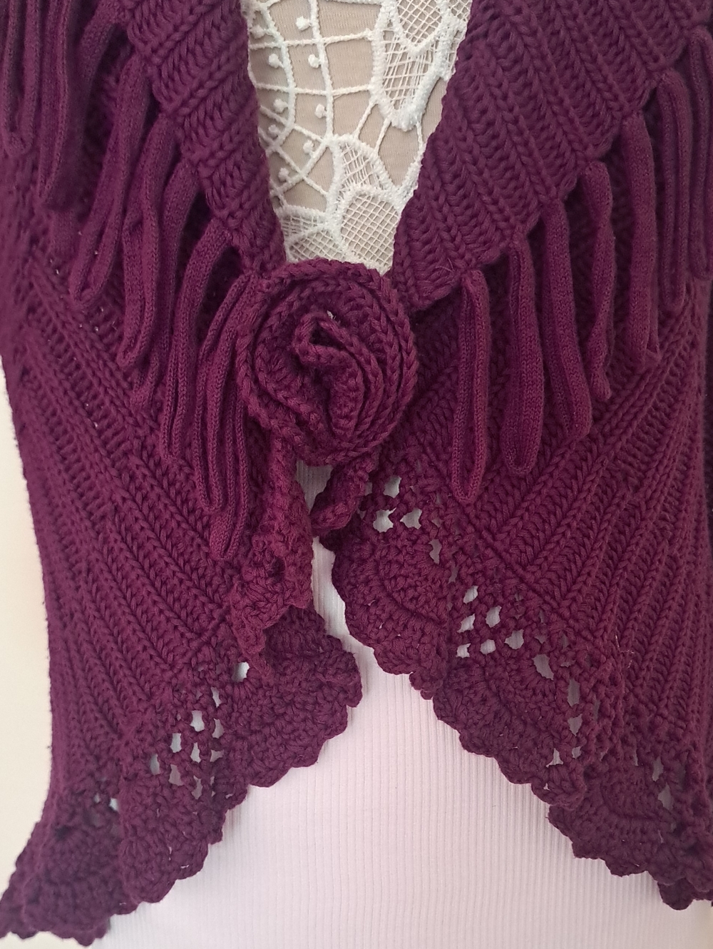 Citiknits Plum Purple Knit Ruffle Fringe Cardigan with Rose Detail 1X Boho - Picture 4 of 12
